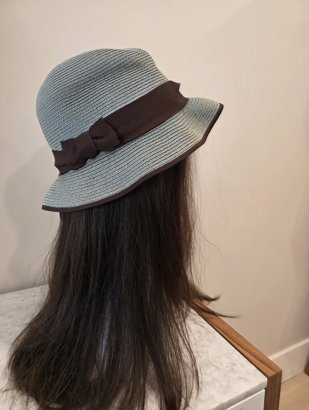 Light Blue Straw Cloche Hat with Brown Ribbon Trim